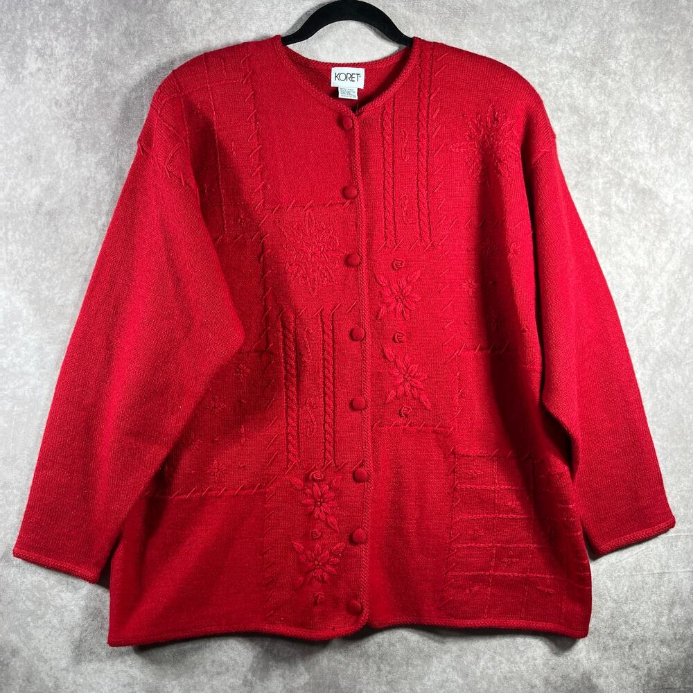 Koret Cardigan Sweater Womens Size 1X Red Knit Wool Button Front Artsy Old Money